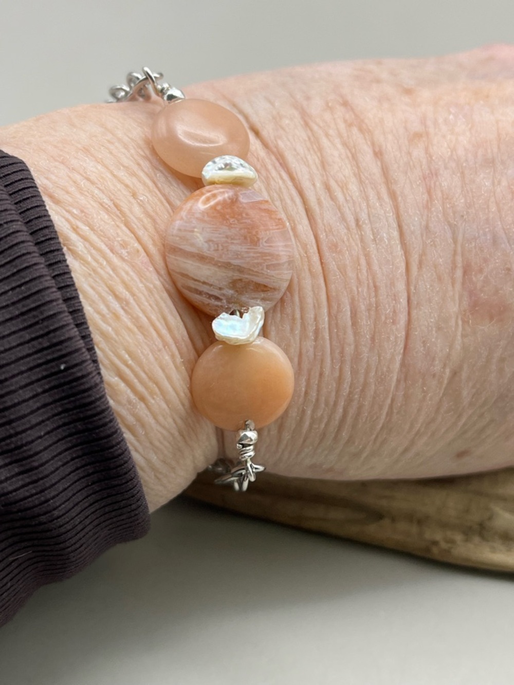 Silver Tone Jasper & Peach Jade Bracelet with Pearl Heishi Beads